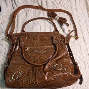 Array Croco Embossed Satchel Large Vegan Leather Shoulder Bag Brown Studded Y2K